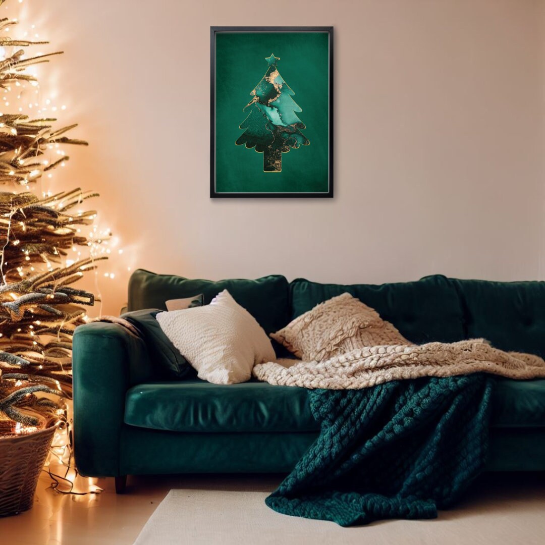 Emerald Green & Gold Luxe Christmas Tree Print, Modern Fluid Ink Xmas Artwork