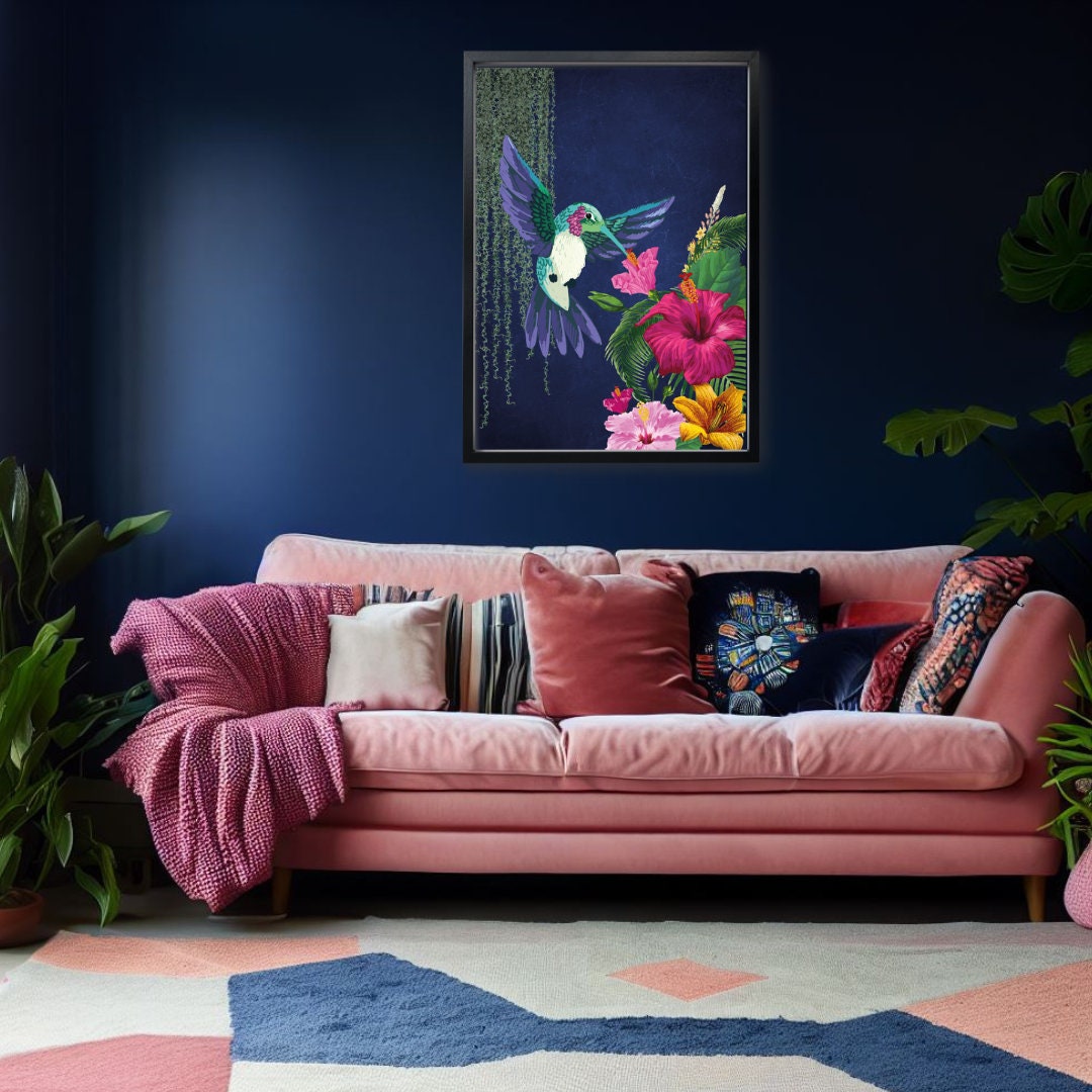 Navy Exotic Maximalist Hummingbird Wall Print in Bold Tropical Colours