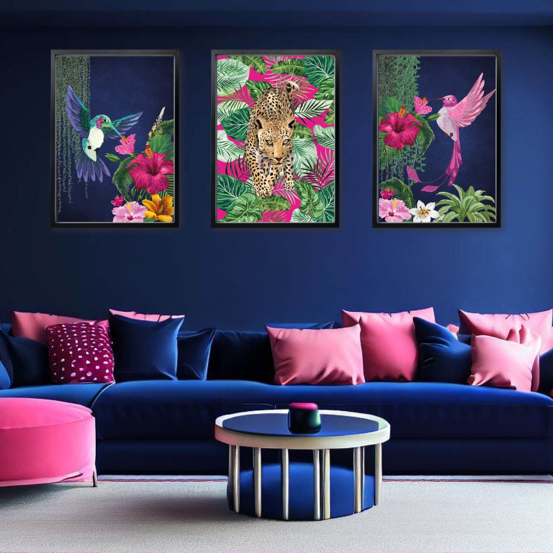 Navy & Pink Tropical Maximalist Print Set - Exotic Animals and Botanical Wall Prints, Bold Jungle Posters, Statement Wall Art