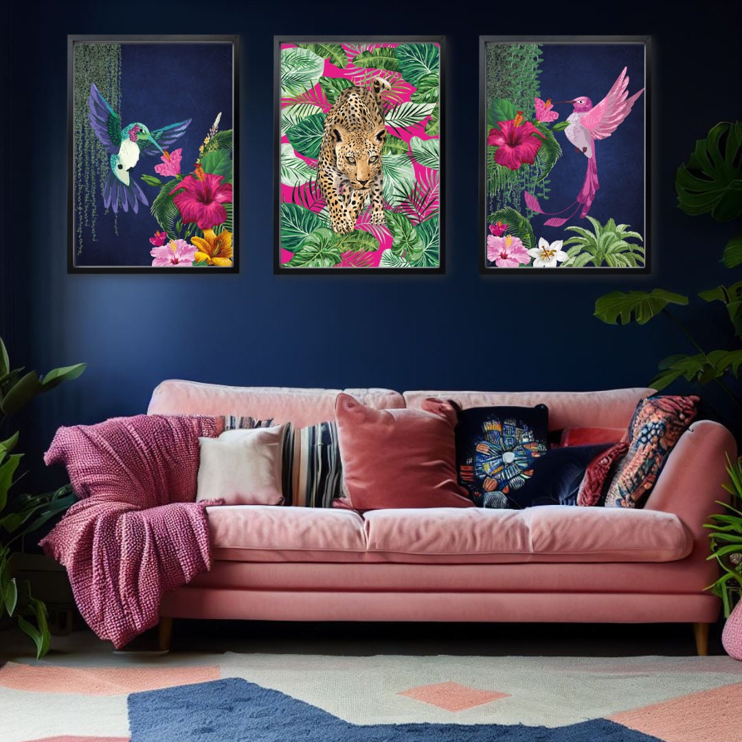 Navy & Pink Tropical Maximalist Print Set - Exotic Animals and Botanical Wall Prints, Bold Jungle Posters, Statement Wall Art