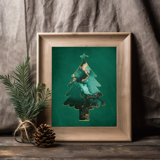 Emerald Green & Gold Luxe Christmas Tree Print, Modern Fluid Ink Xmas Artwork