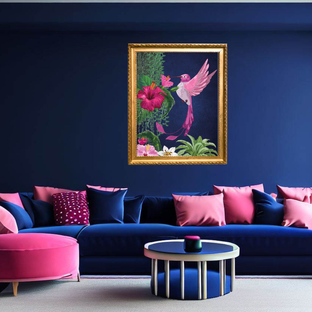 Vibrant Pink and Navy Tropical Hummingbird Print - Bold Maximalist Jungle Wall Art